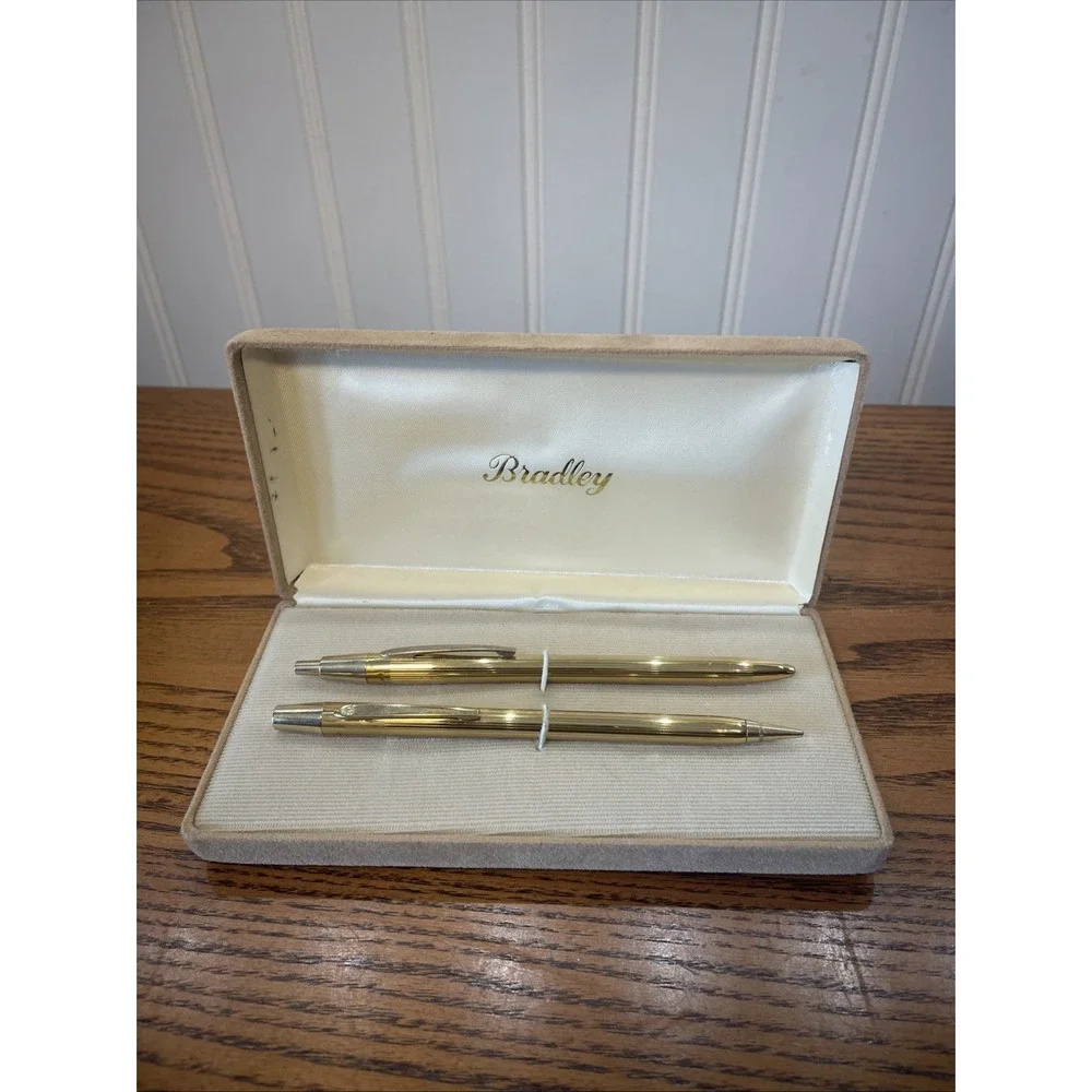 VTG Bradley Goldtone Ballpoint Pen & Pencil Set with Case, Made in USA